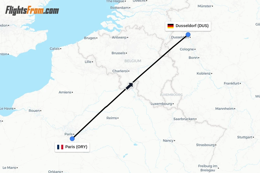 Flights from Paris to Dusseldorf route map