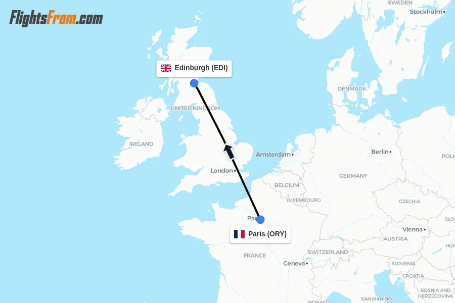 Flights from Paris to Edinburgh route map