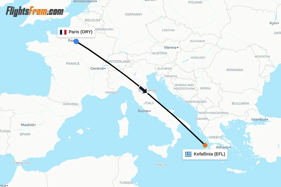 Flights from Paris to Kefallinia route map