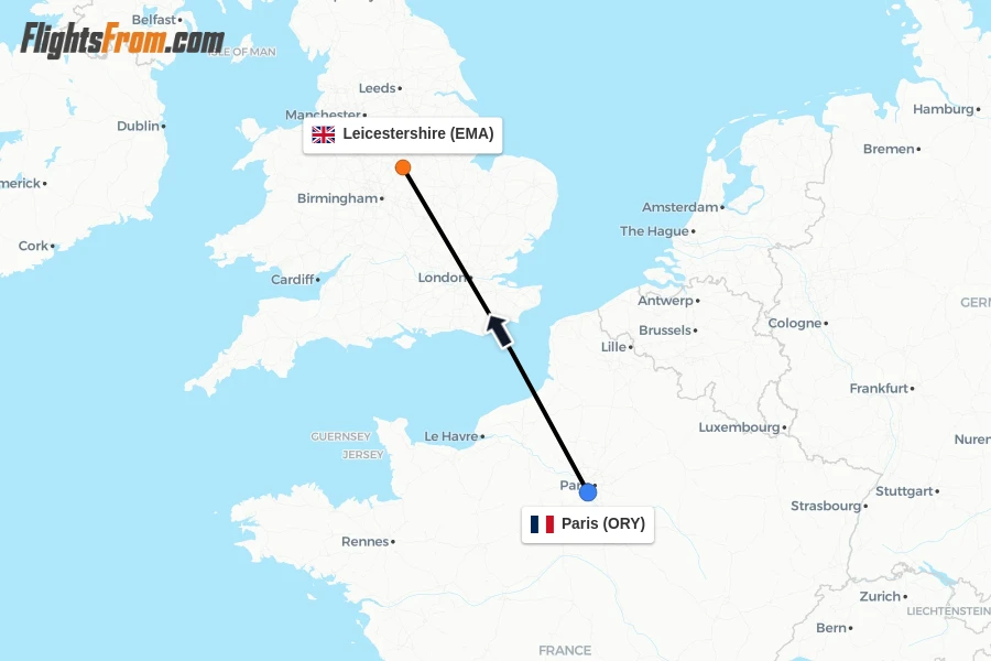 Flights from Paris to Leicestershire route map