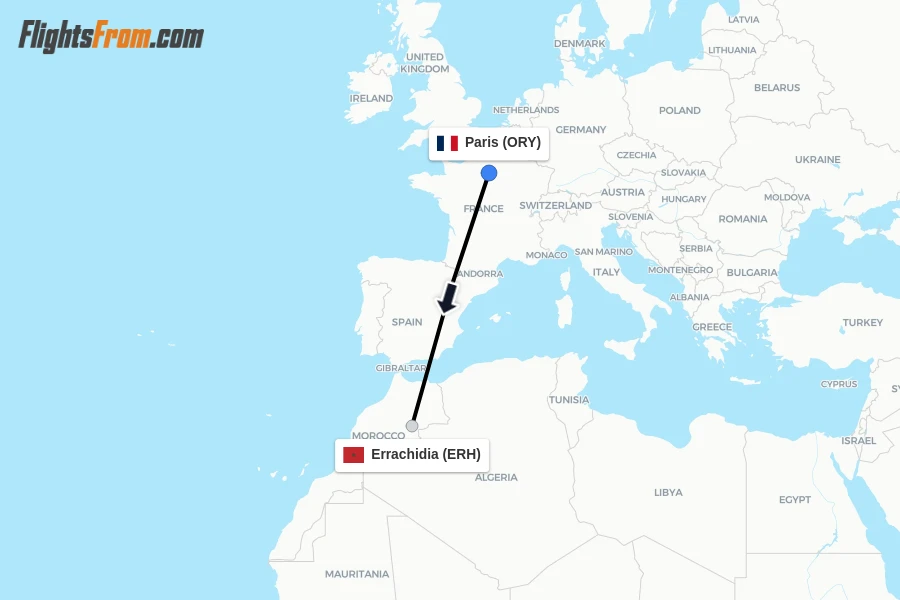 Flights from Paris to Errachidia route map