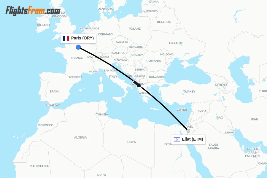 Flights from Paris to Eilat route map