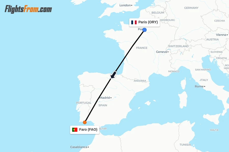 Flights from Paris to Faro route map