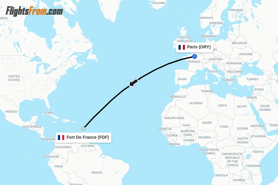 Flights from Paris to Fort De France route map