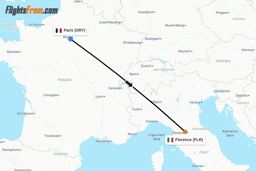 Flights from Paris to Florence route map