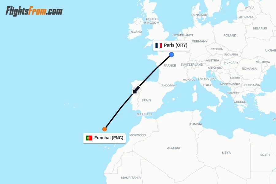 Flights from Paris to Funchal route map
