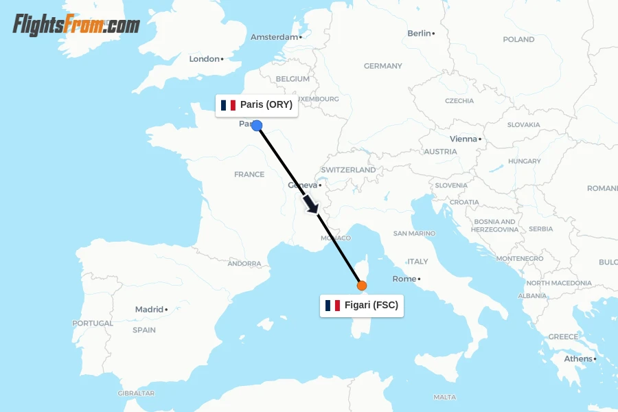 Flights from Paris to Figari route map