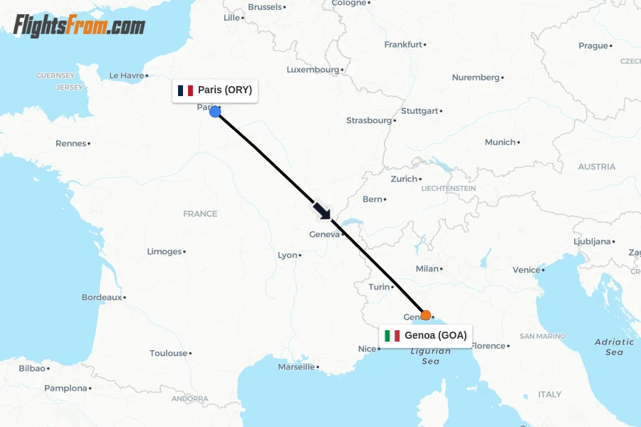 Flights from Paris to Genoa route map