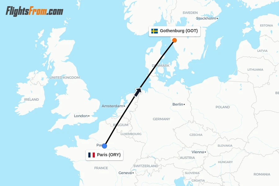 Flights from Paris to Gothenburg route map