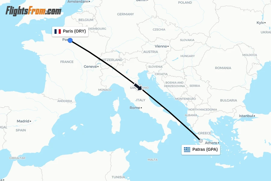 Flights from Paris to Patras route map