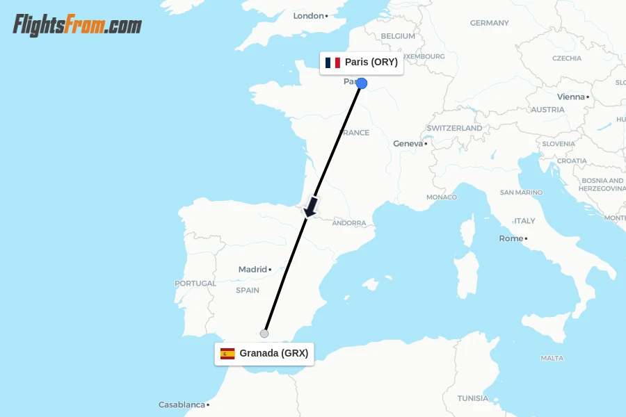 Flights from Paris to Granada route map
