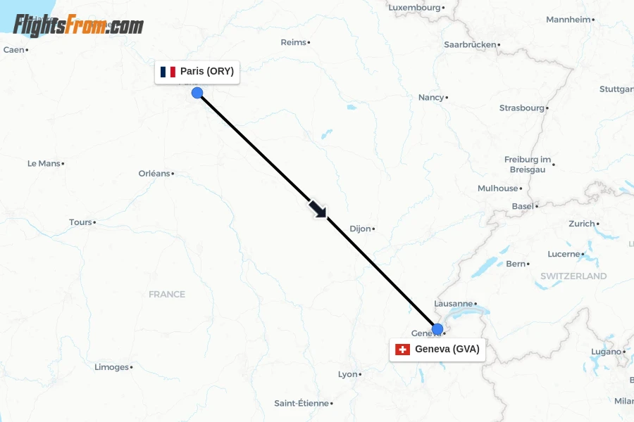 Flights from Paris to Geneva route map