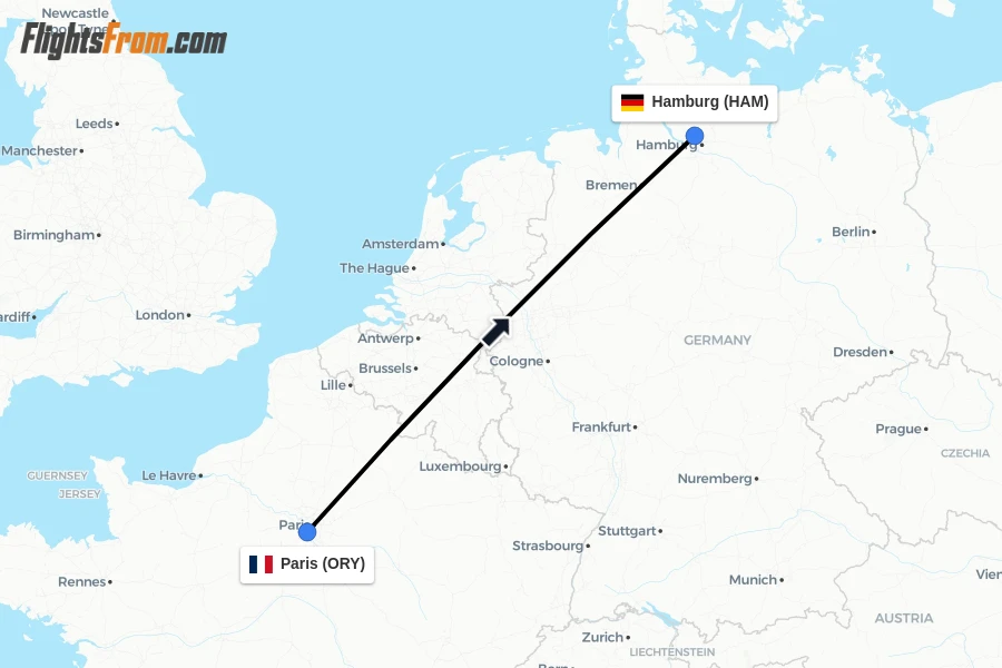 Flights from Paris to Hamburg route map