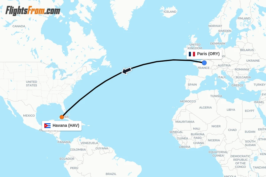 Flights from Paris to Havana route map