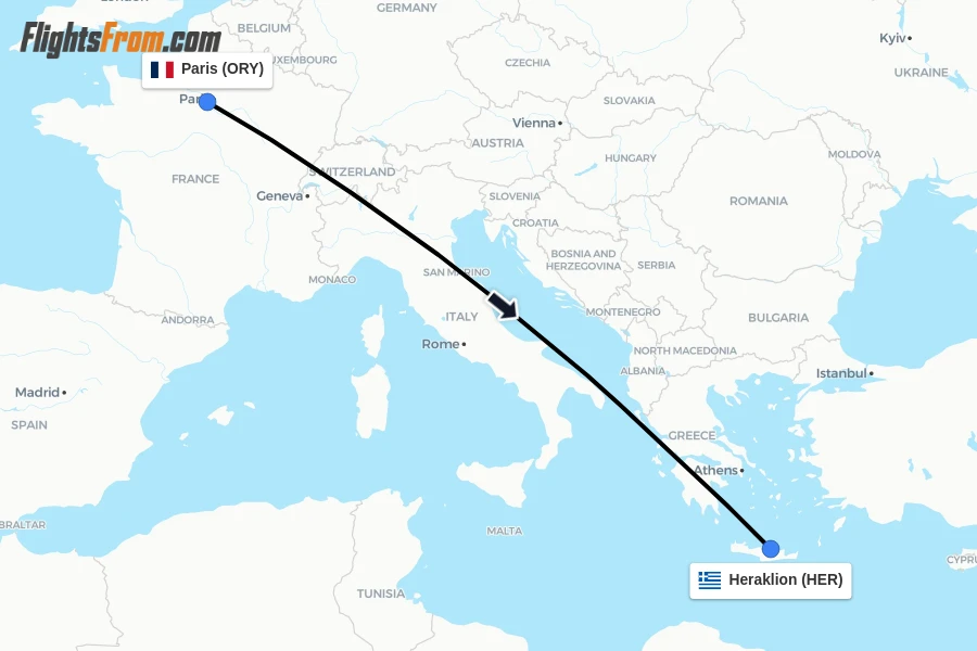 Flights from Paris to Heraklion route map