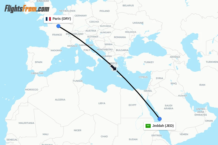 Flights from Paris to Jeddah route map