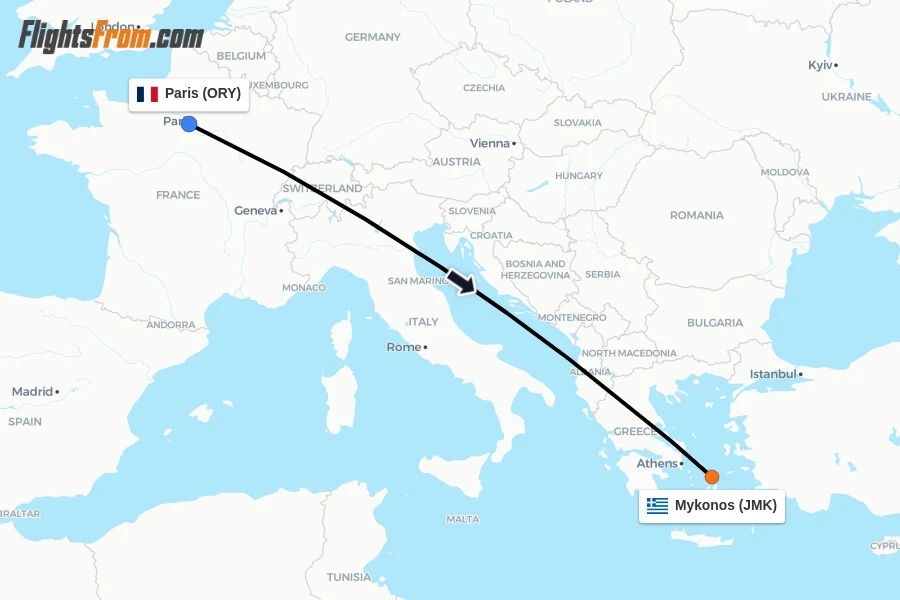 Flights from Paris to Mykonos route map