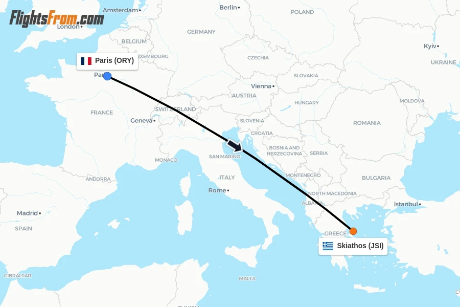 Flights from Paris to Skiathos route map