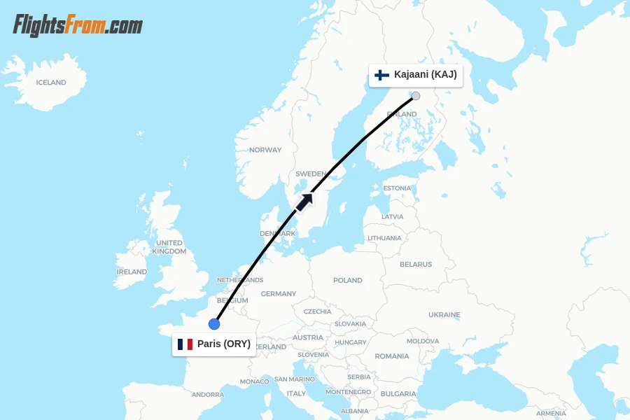 Flights from Paris to Kajaani route map