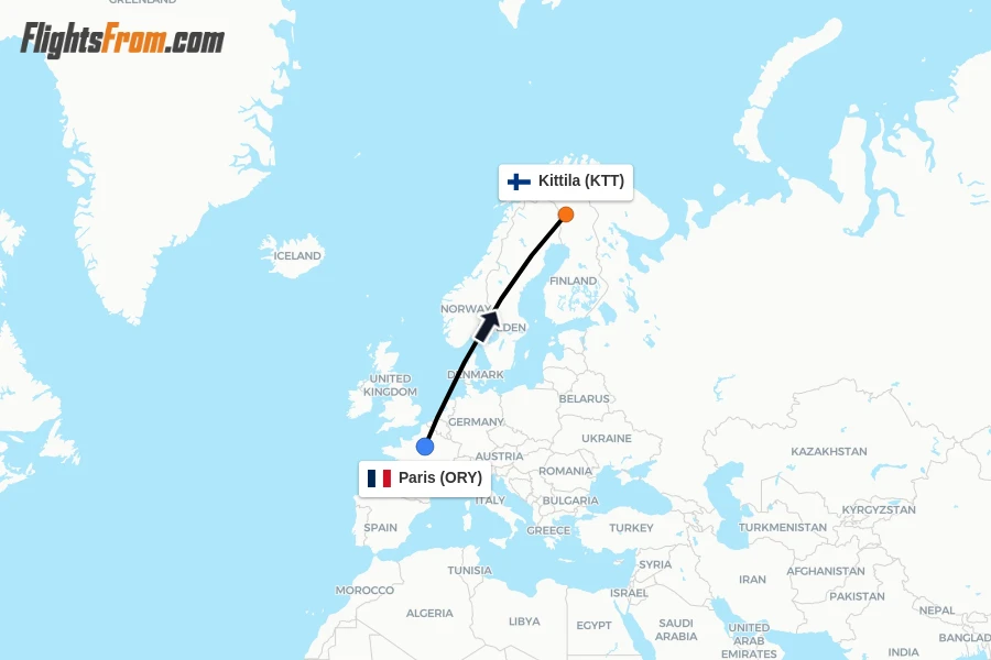 Flights from Paris to Kittila route map