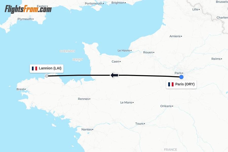 Flights from Paris to Lannion route map