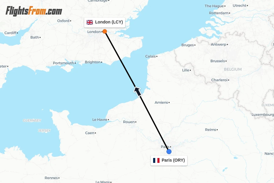 Flights from Paris to London route map