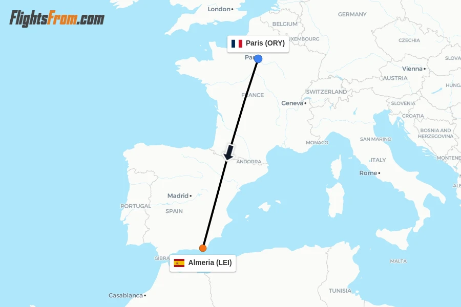Flights from Paris to Almeria route map