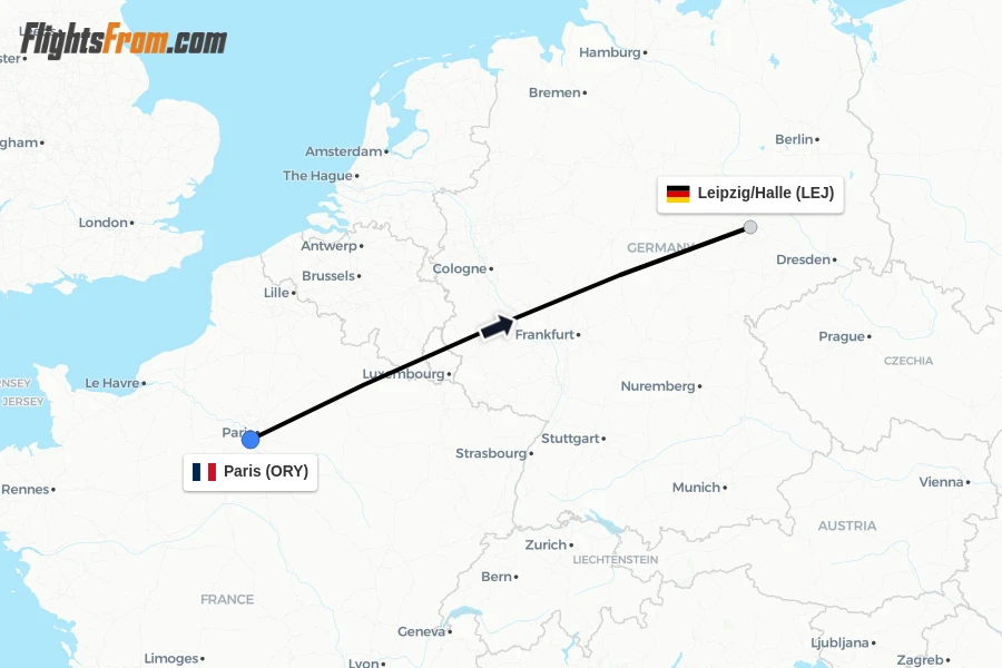 Flights from Paris to Leipzig/Halle route map
