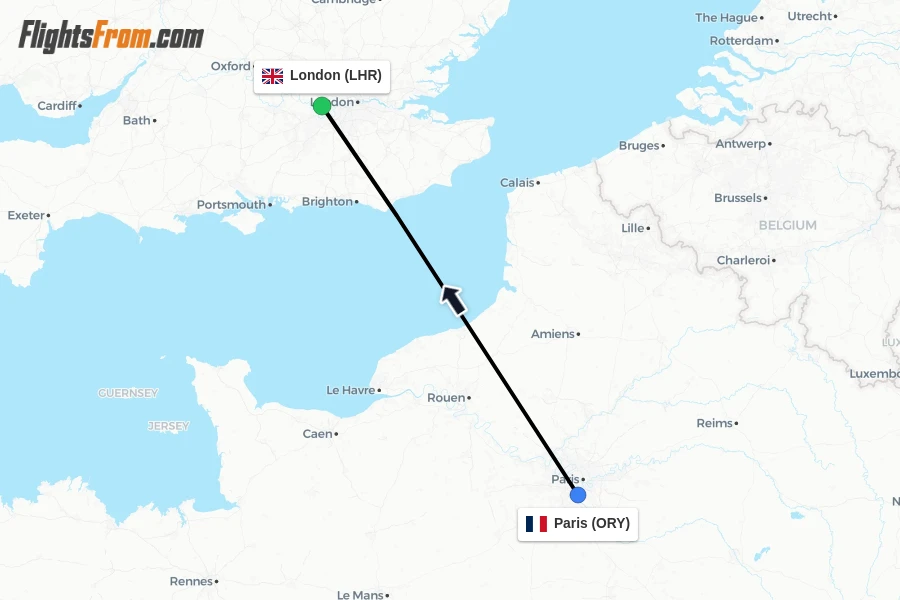 Flights from Paris to London route map