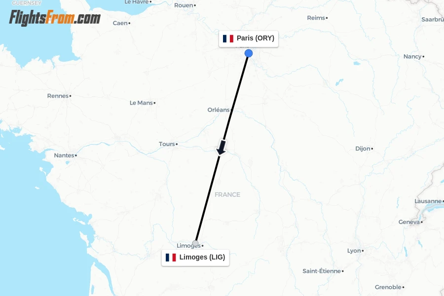 Flights from Paris to Limoges route map