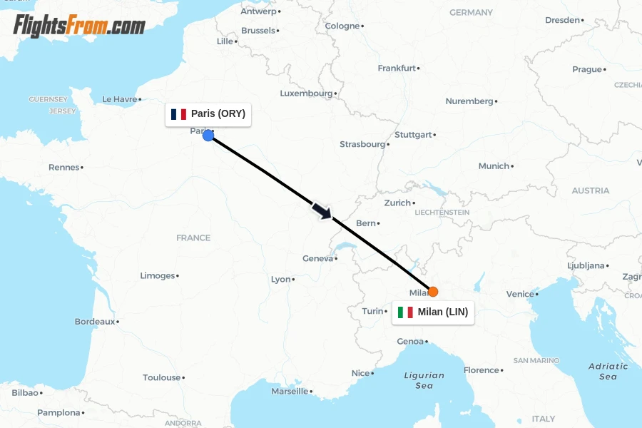 Flights from Paris to Milan route map