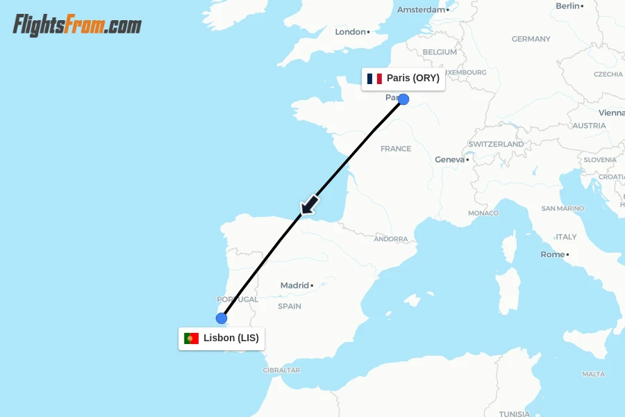 Flights from Paris to Lisbon route map