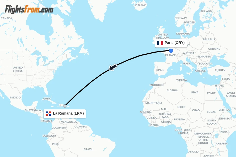 Flights from Paris to La Romana route map