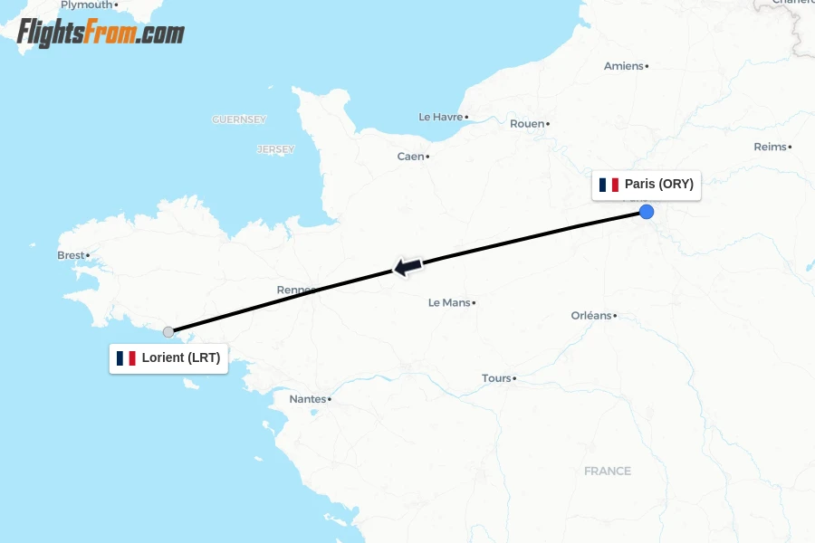 Flights from Paris to Lorient route map