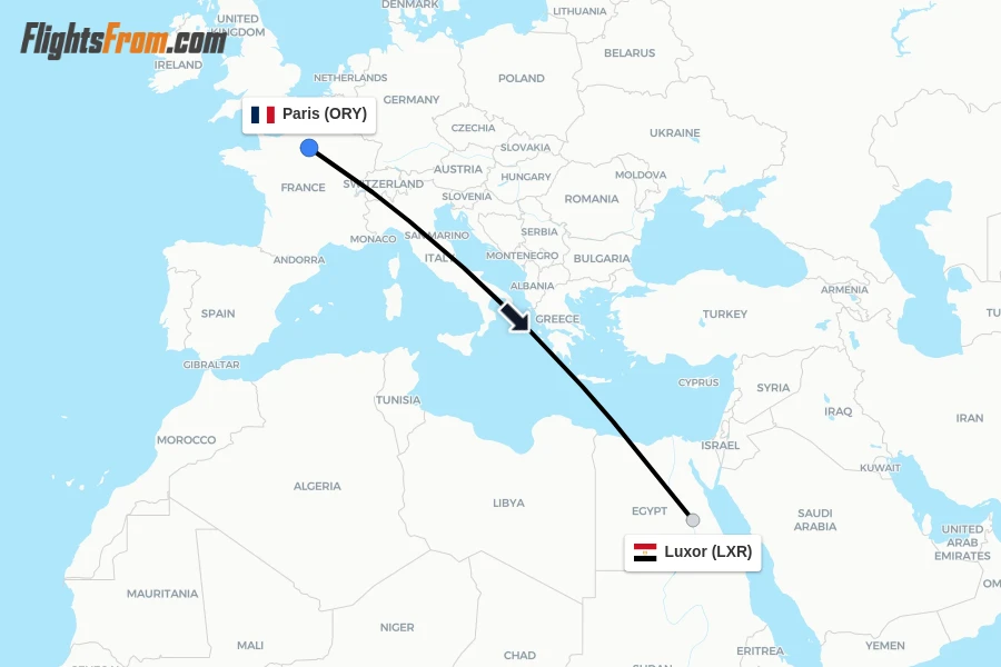 Flights from Paris to Luxor route map