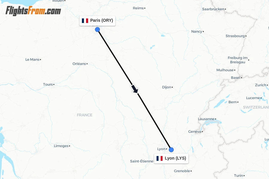 Flights from Paris to Lyon route map