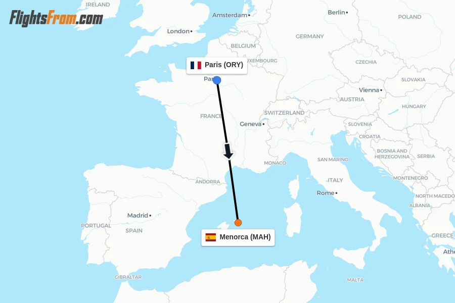 Flights from Paris to Menorca route map