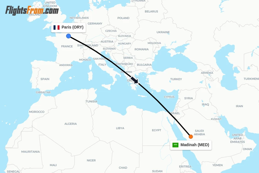 Flights from Paris to Madinah route map