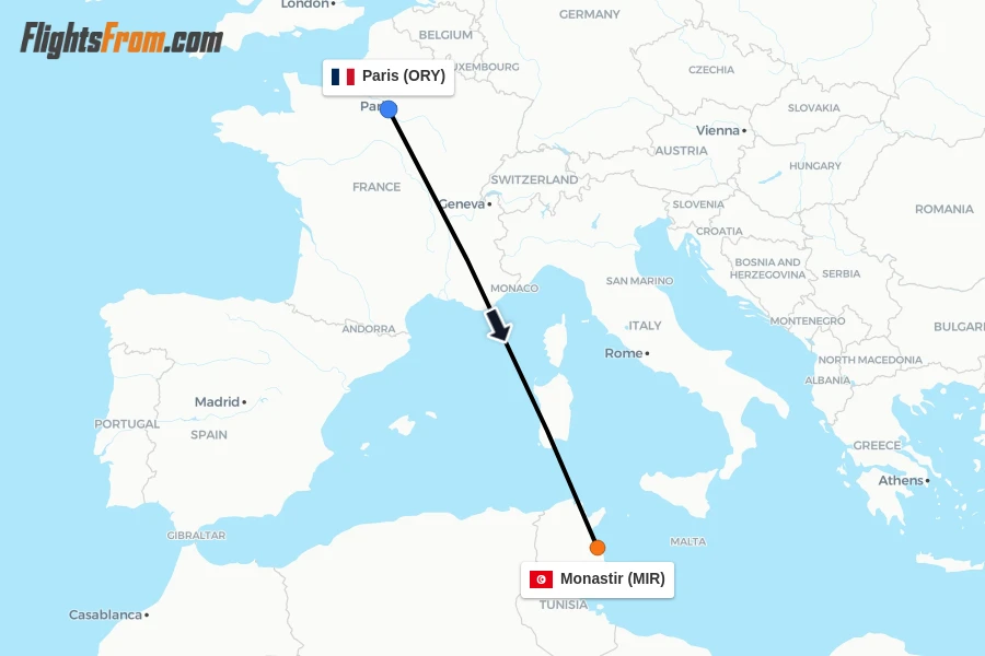 Flights from Paris to Monastir route map