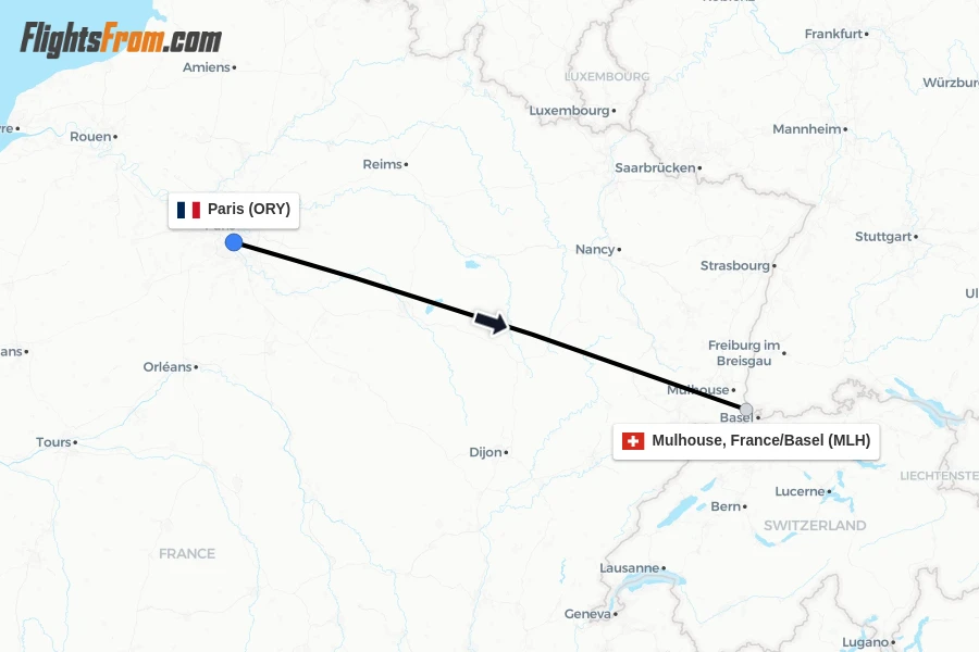 Flights from Paris to Mulhouse, France/Basel route map