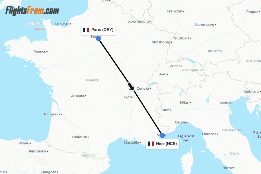 Flights from Paris to Nice route map