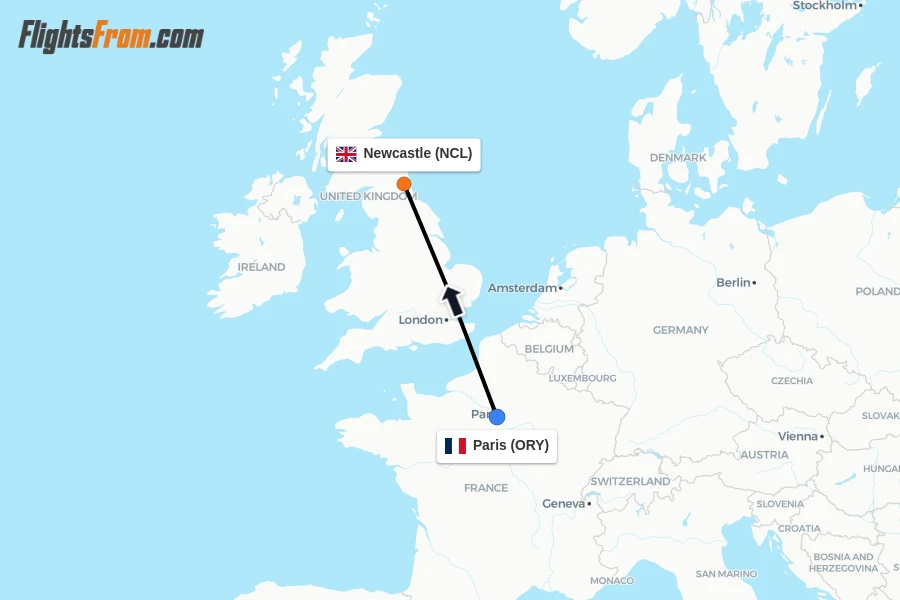 Flights from Paris to Newcastle route map