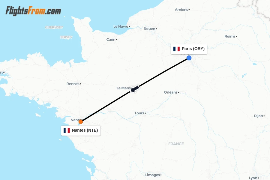 Flights from Paris to Nantes route map