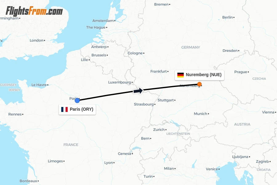 Flights from Paris to Nuremberg route map