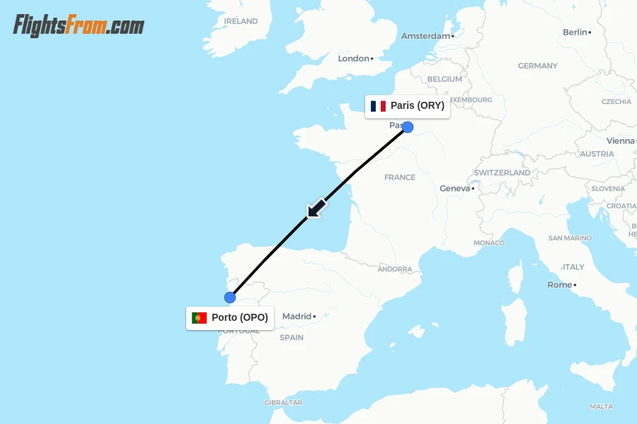 Flights from Paris to Porto route map