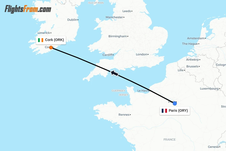 Flights from Paris to Cork route map
