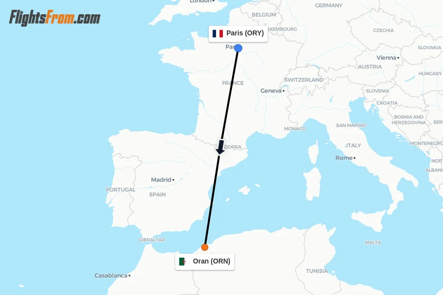 Flights from Paris to Oran route map