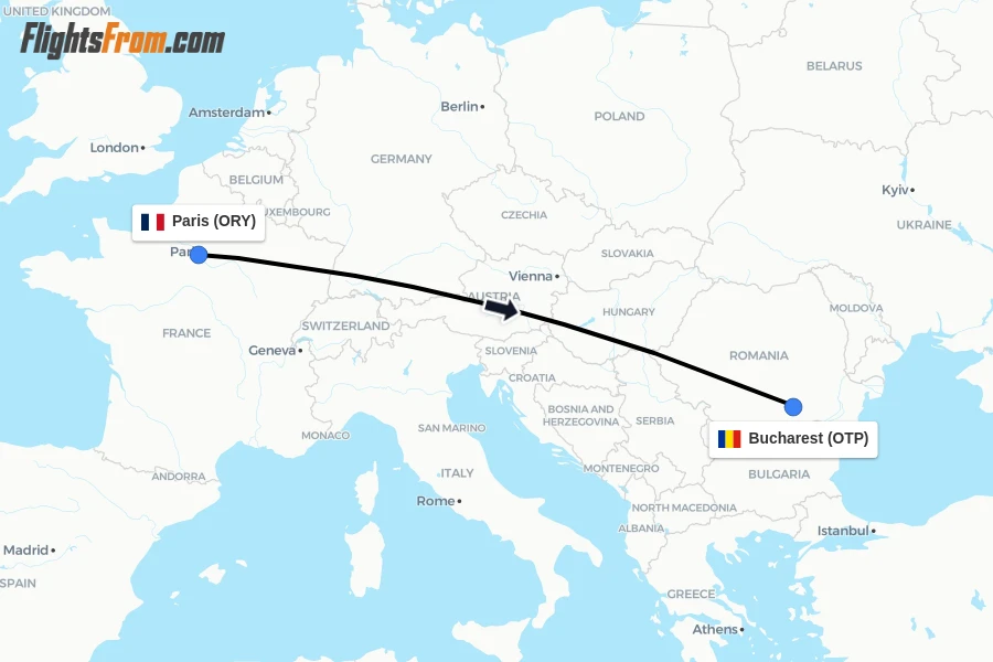 Flights from Paris to Bucharest route map