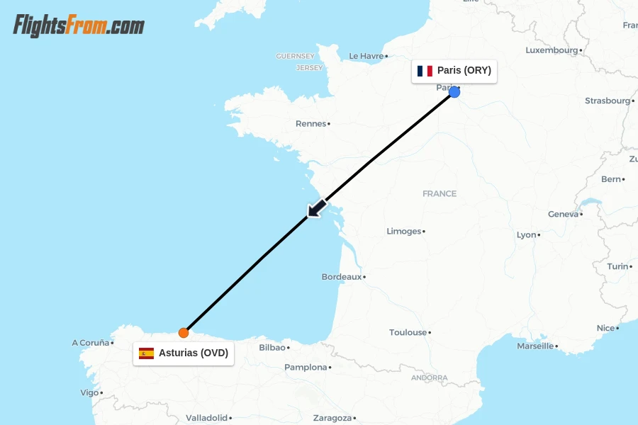 Flights from Paris to Asturias route map