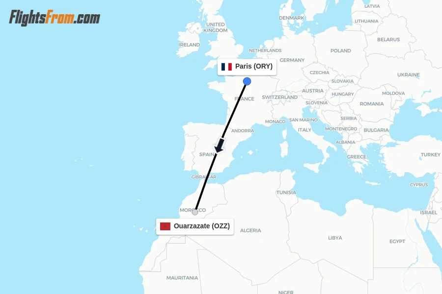 Flights from Paris to Ouarzazate route map